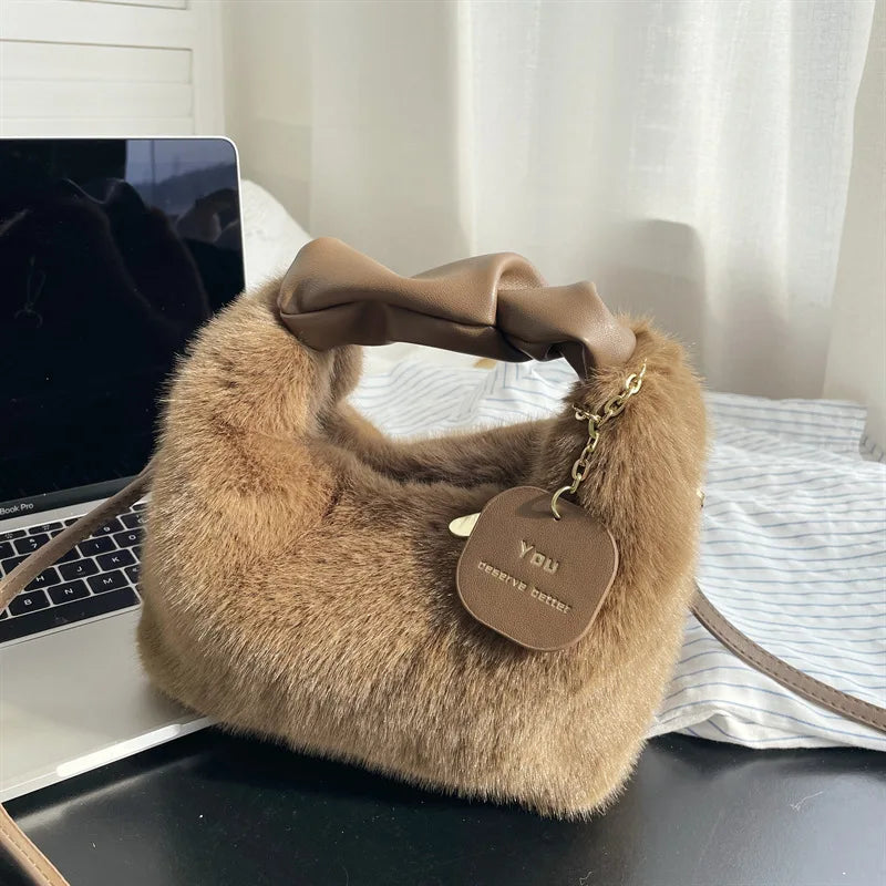 Wool Furry Lunch Box Bag Shoulder Plush Women's Handbag Crossbody Lady Bag