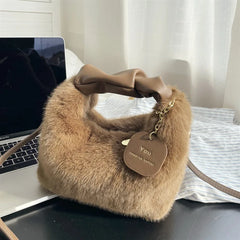 Wool Furry Lunch Box Bag Shoulder Plush Women's Handbag Crossbody Lady Bag