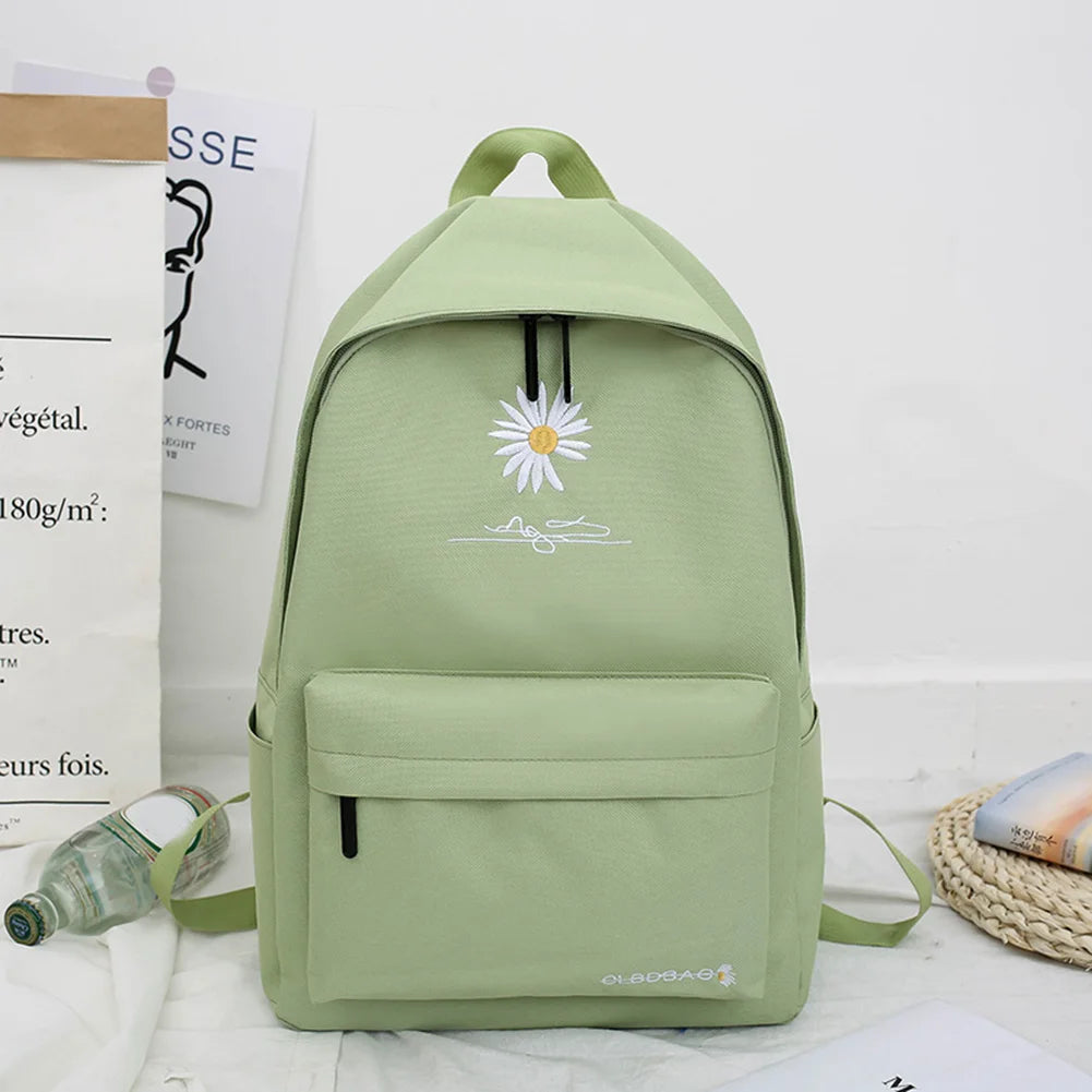 Women's Casual Canvas School Backpack Large Street Travel Bag Green Daisy