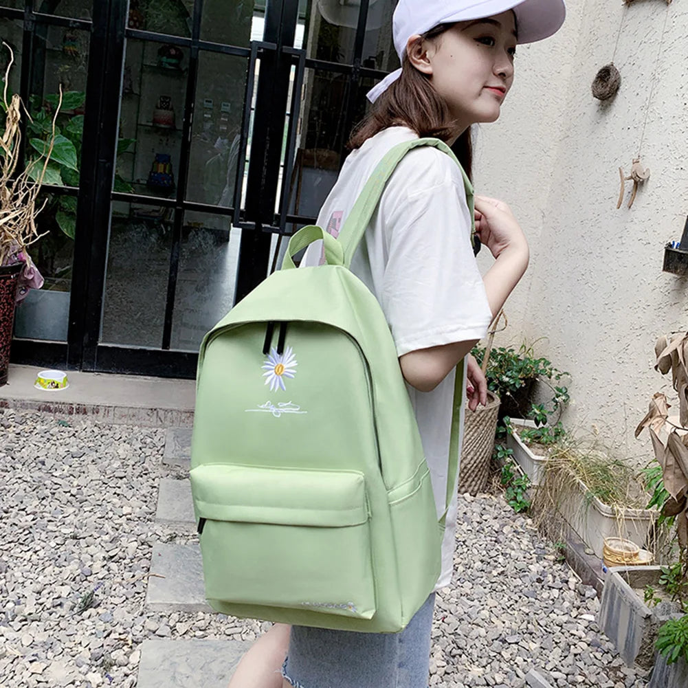 Women's Casual Canvas School Backpack Large Street Travel Bag Green Daisy