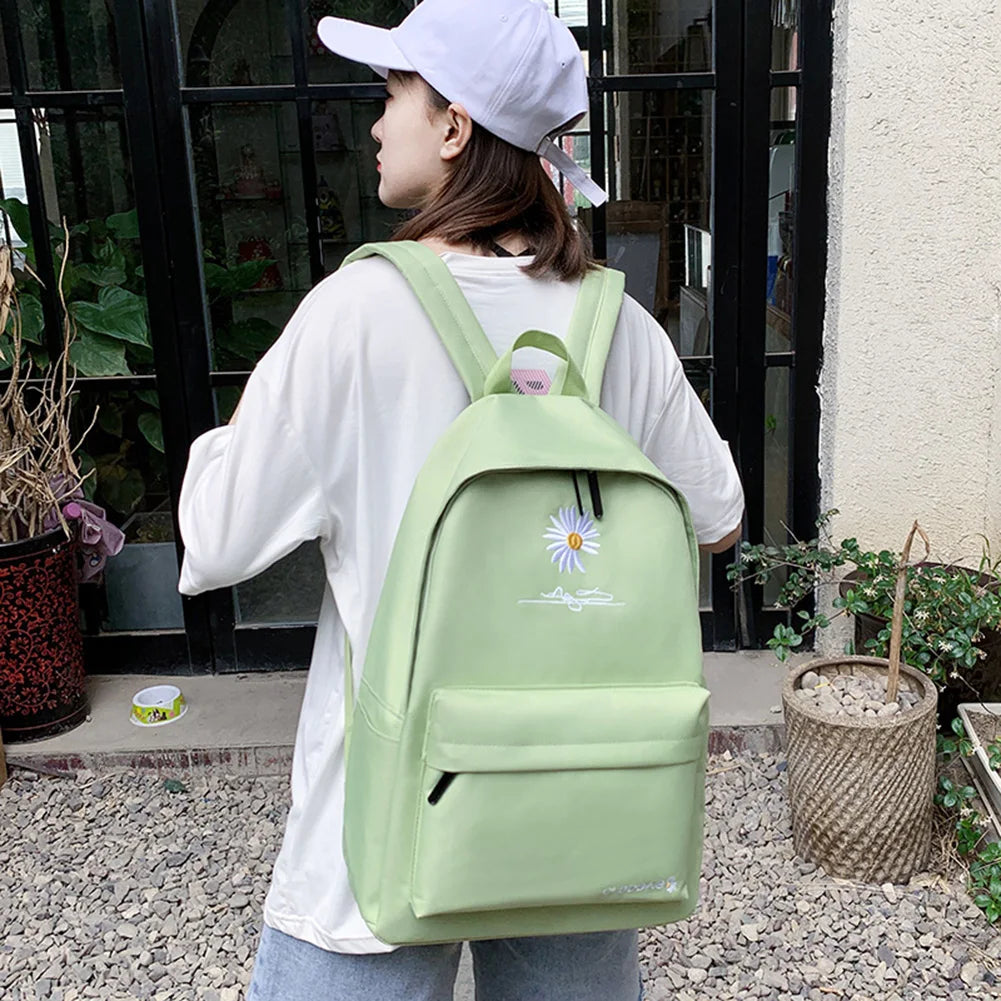 Women's Casual Canvas School Backpack Large Street Travel Bag Green Daisy
