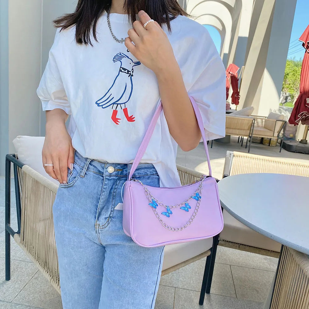 Vintage PU Leather Butterfly Chain Shoulder Bag for Women