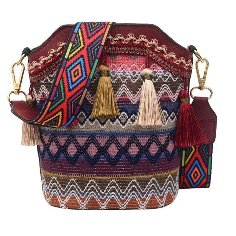 Ethnic Style Tassel Bucket Bag Bohemian One-shoulder Messenger