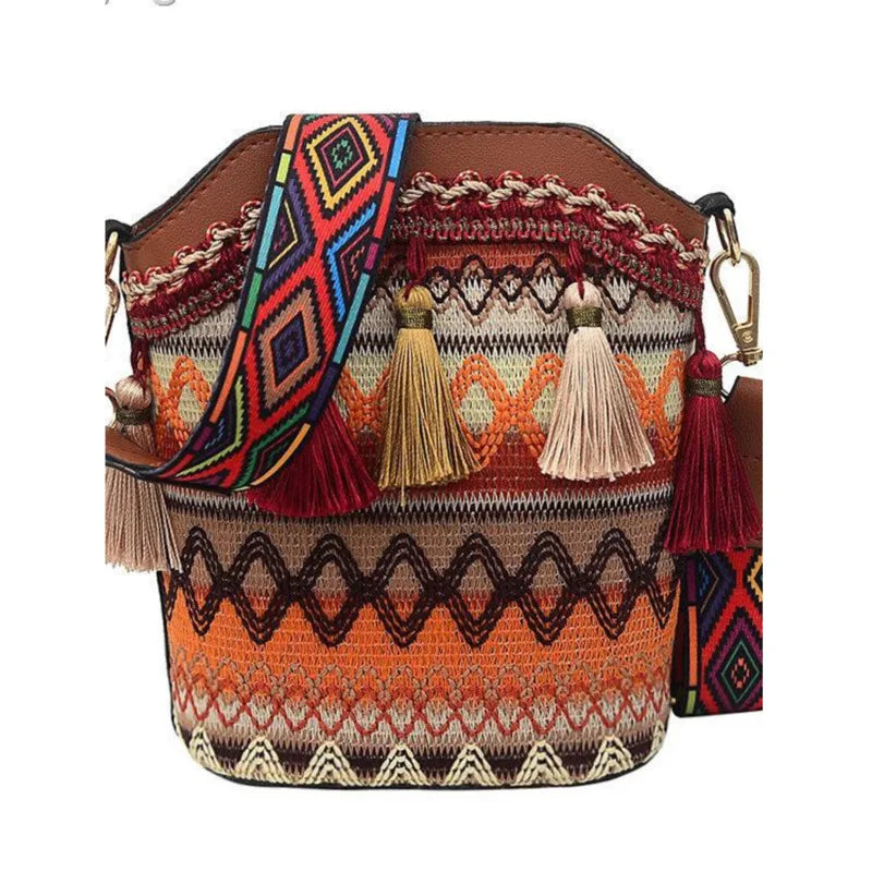 Ethnic Style Tassel Bucket Bag Bohemian One-shoulder Messenger