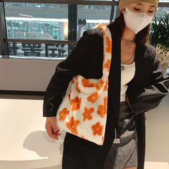 Flower Print Plush Shoulder Shopping Bag Autumn Winter Tote Handbag