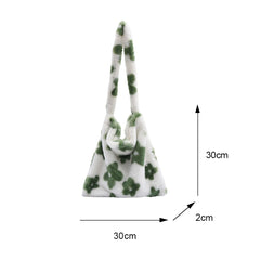 Flower Print Plush Shoulder Shopping Bag Autumn Winter Tote Handbag