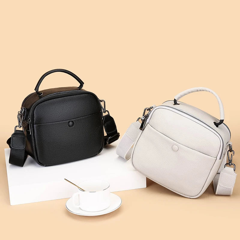 Women's Leather Shoulder Bag with Wide Woven Strap