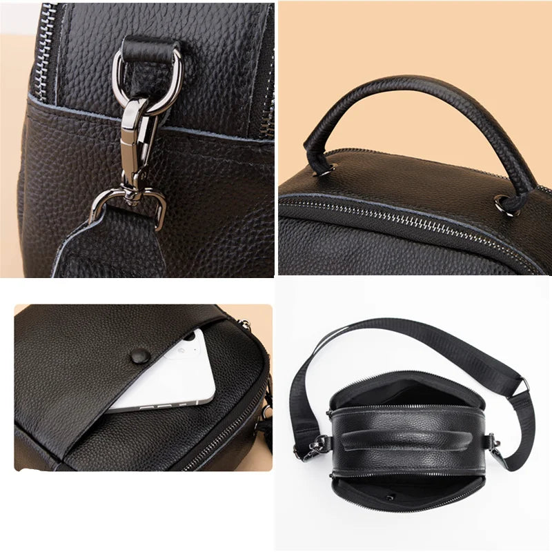 Women's Leather Shoulder Bag with Wide Woven Strap