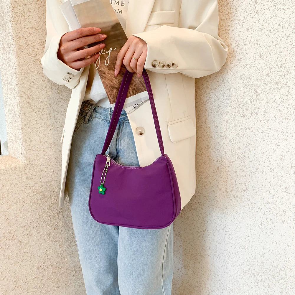 Solid Nylon Underarm Bag Casual Shoulder Handbag with Flower Pendant