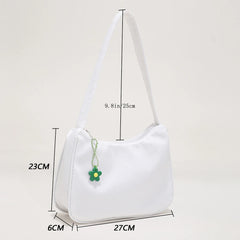 Solid Nylon Underarm Bag Casual Shoulder Handbag with Flower Pendant