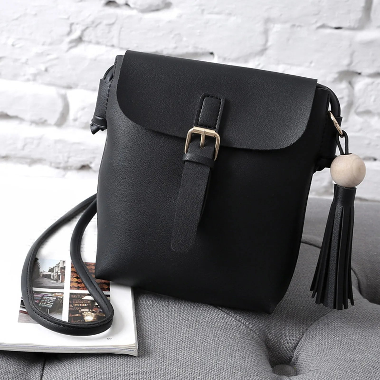 Solid Leather Tassel Shoulder Bag for Women