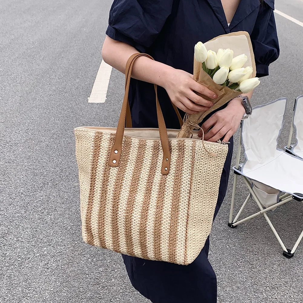 Summer Straw Woven Shoulder Bag Large Capacity Seaside Beach Vacation Tote