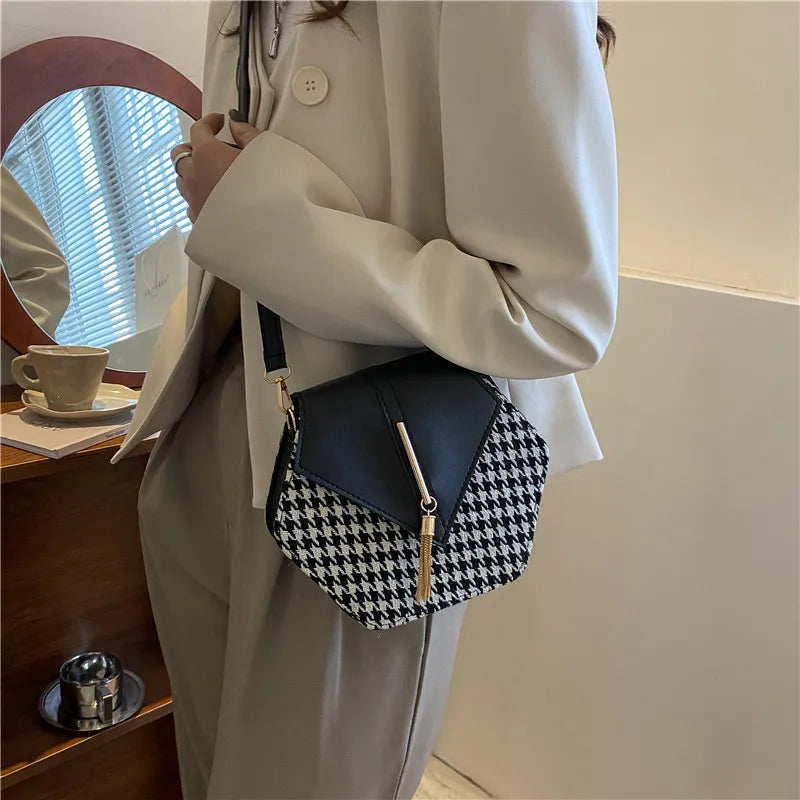 Winter Houndstooth Square Crossbody Bag for Women