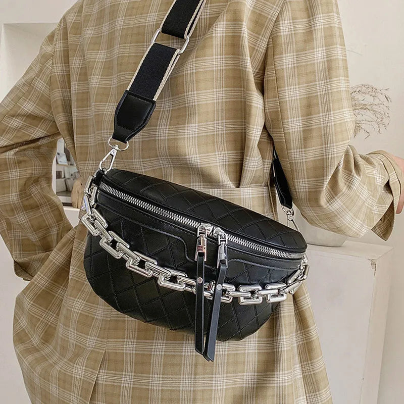 Women's Lingge PU Leather Chain Fanny Pack Shoulder Bag
