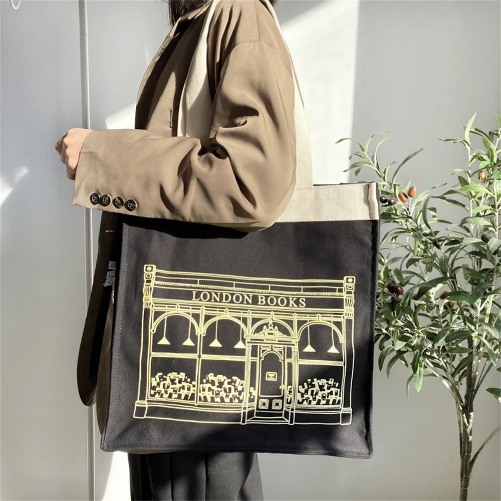 Women's Canvas Shoulder Bag London Letter Daily Shopping Bags Students Book Bag