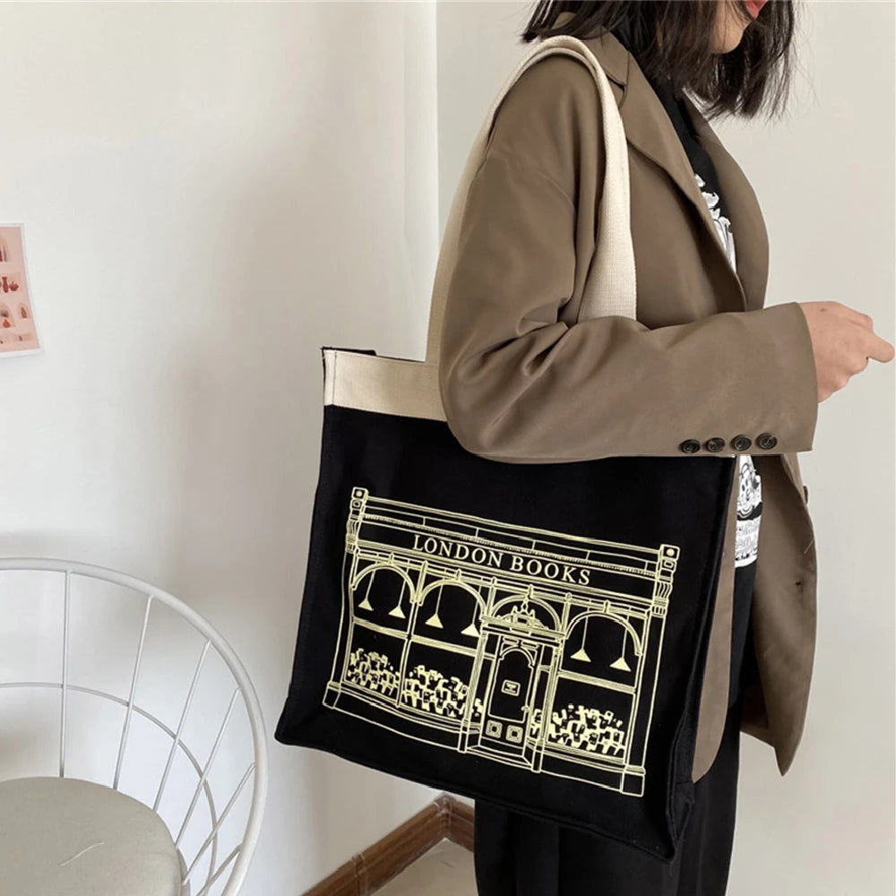 Women's Canvas Shoulder Bag London Letter Daily Shopping Bags Students Book Bag
