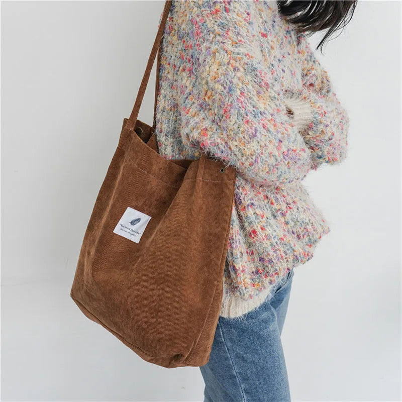 Women's Corduroy Tote Bag Folding Shopping Bag