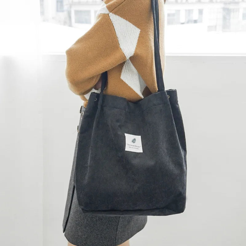 Women's Corduroy Tote Bag Folding Shopping Bag