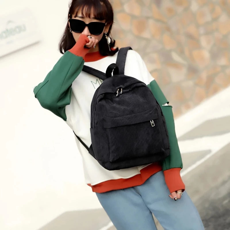 Women's Corduroy Backpack, Stylish School Bag, Solid Color