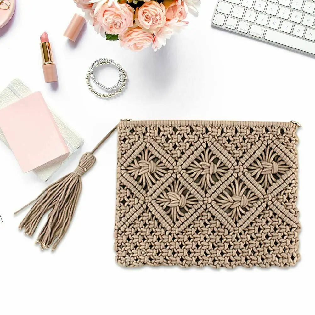 Women's Tassel Clutch Bag Portable Rope Weaving Bag