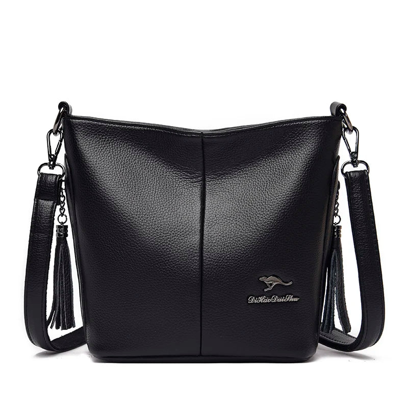 Women's PU Leather Tassel Shoulder Bag Large Bucket Capacity