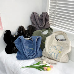 Women's Lamb Fabric Shoulder Bag Canvas Handbag Large Capacity