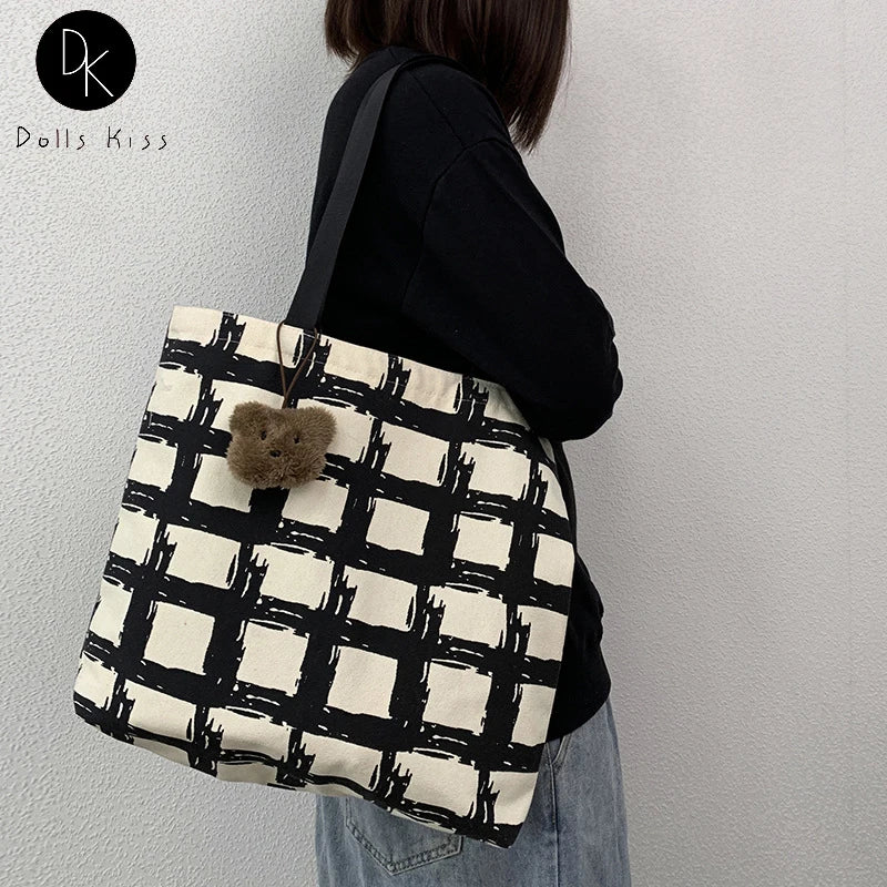 Women's Lattice Print Eco Bag Large Capacity Shoulder Tote for Ladies