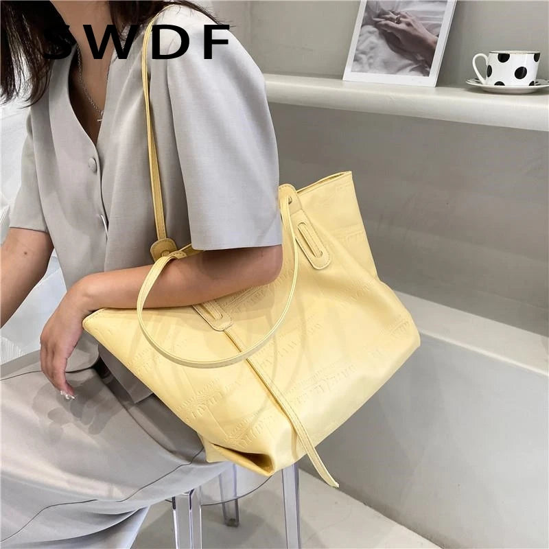 Yellow Leather Tote Bag Large Zipper Handbag