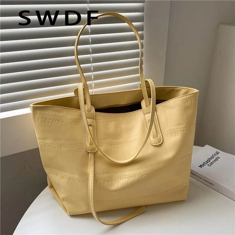 Yellow Leather Tote Bag Large Zipper Handbag