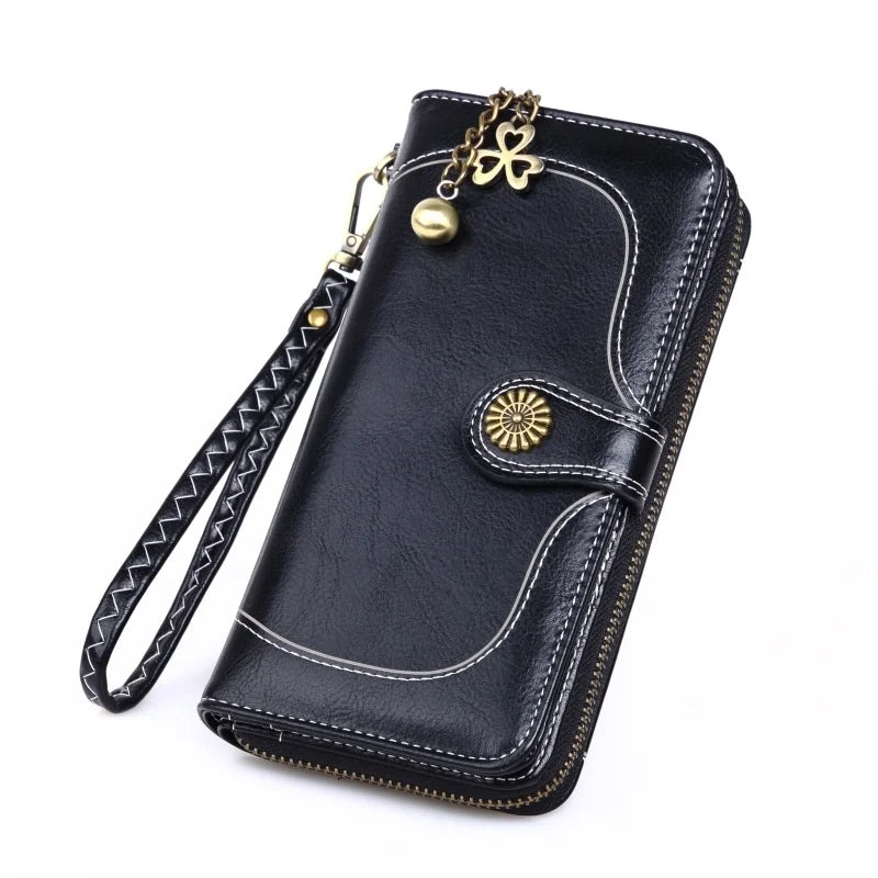 Women's Long Mobile Phone Oil Wax Leather Wallet