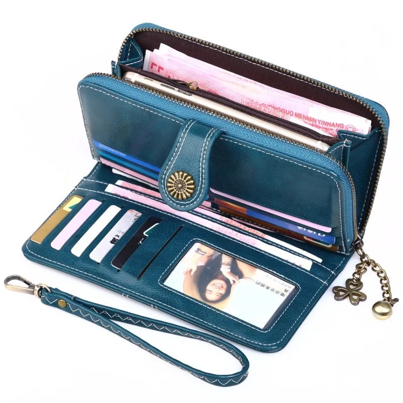 Women's Long Mobile Phone Oil Wax Leather Wallet
