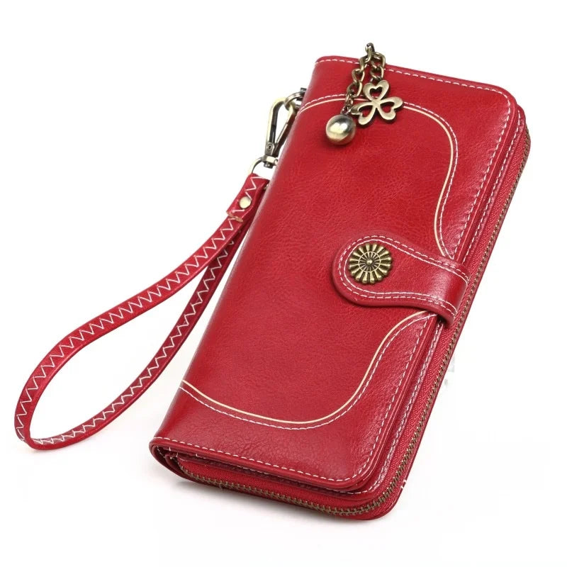 Women's Long Mobile Phone Oil Wax Leather Wallet