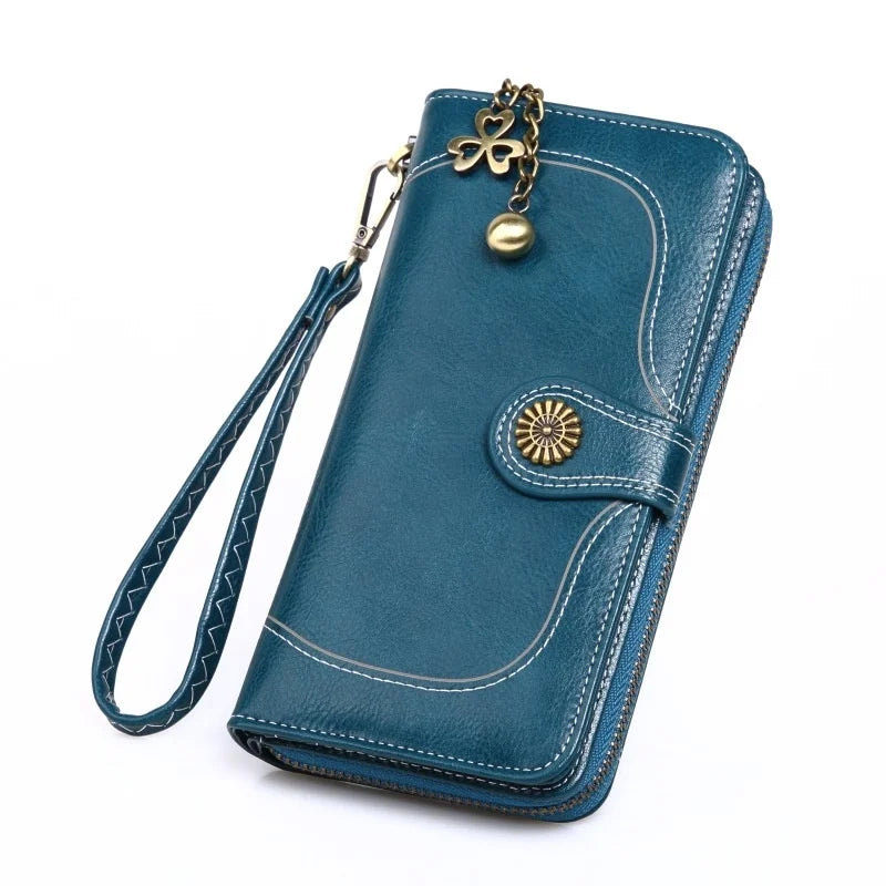 Women's Long Mobile Phone Oil Wax Leather Wallet