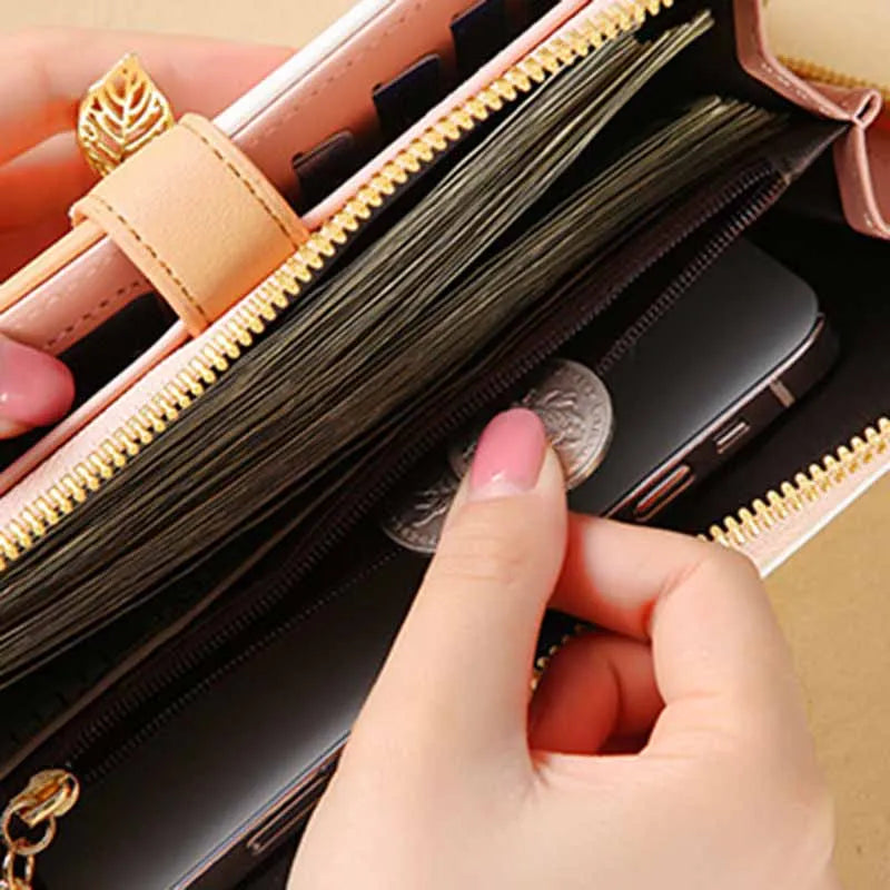 Women's PU Wallet Zipper Purse Mini Handheld Money Pouch with Landyard
