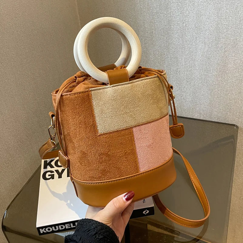 Women's Patchwork Drawstring Bucket Bag Suede Leather Shoulder Bag