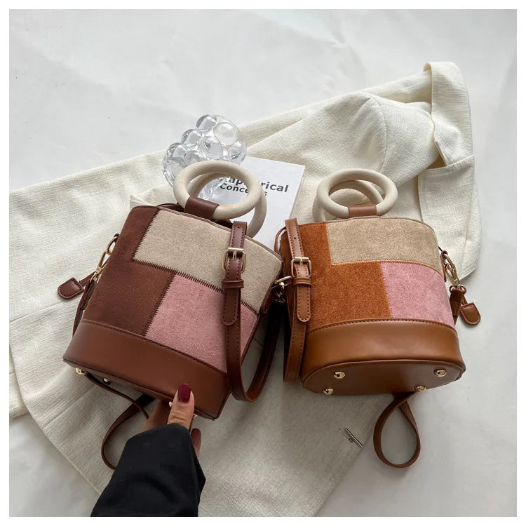 Women's Patchwork Drawstring Bucket Bag Suede Leather Shoulder Bag
