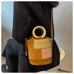 Women's Patchwork Drawstring Bucket Bag Suede Leather Shoulder Bag
