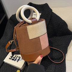 Women's Patchwork Drawstring Bucket Bag Suede Leather Shoulder Bag