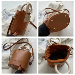 Women's Patchwork Drawstring Bucket Bag Suede Leather Shoulder Bag