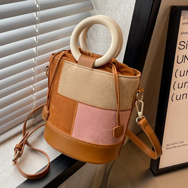 Women's Patchwork Drawstring Bucket Bag Suede Leather Shoulder Bag