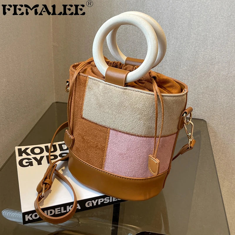 Women's Patchwork Drawstring Bucket Bag Suede Leather Shoulder Bag
