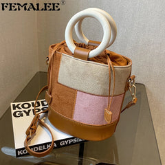 Women's Patchwork Drawstring Bucket Bag Suede Leather Shoulder Bag