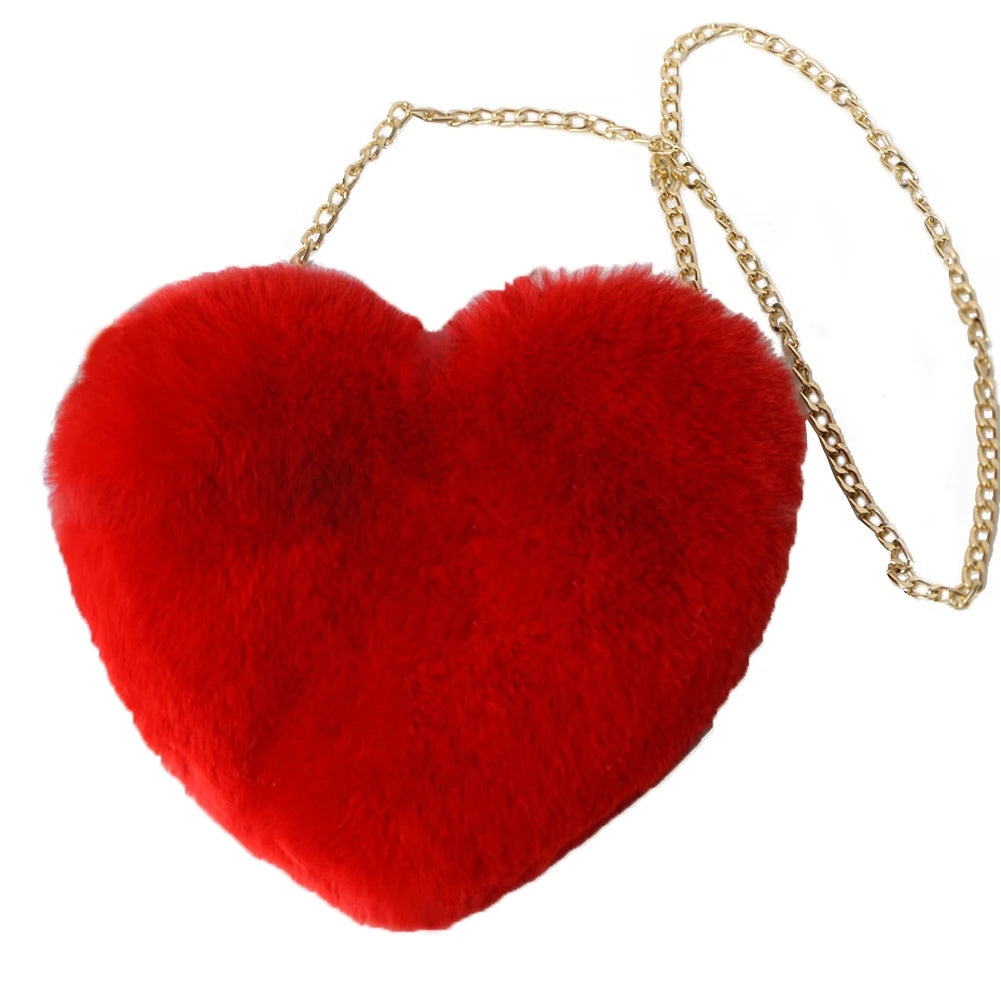 Plush Chain Crossbody Bag Faux Fur Heart Shaped Shoulder Bag Messenger Bags