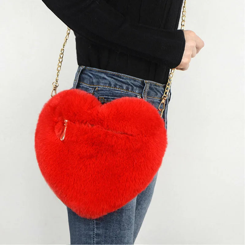Plush Chain Crossbody Bag Faux Fur Heart Shaped Shoulder Bag Messenger Bags