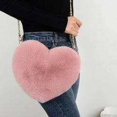 Plush Chain Crossbody Bag Faux Fur Heart Shaped Shoulder Bag Messenger Bags