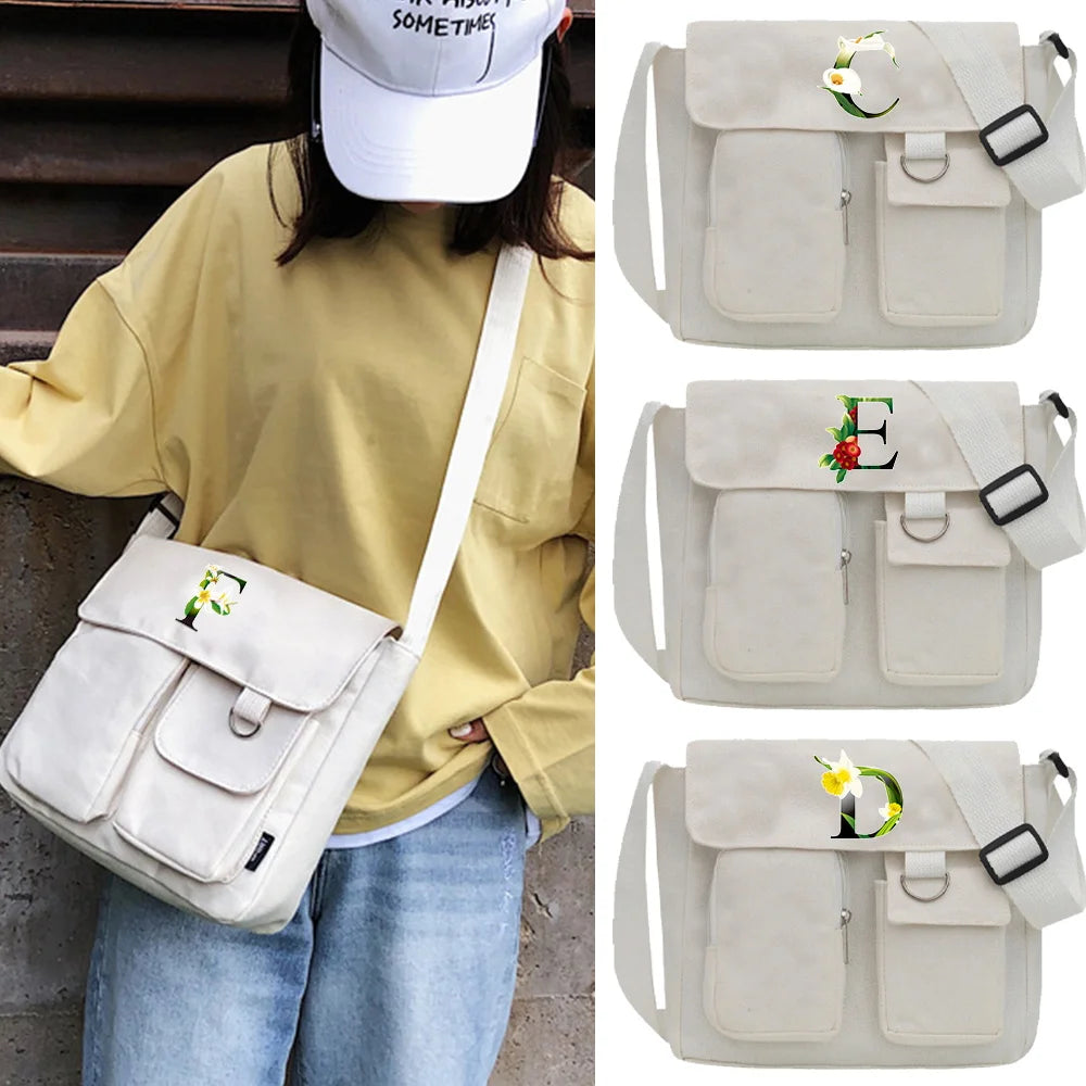 Canvas Messenger Bag Flower Letter Print Travel Handbag