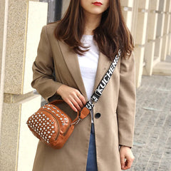 Women's Soft Leather Rivet Messenger Bag Small Saddle Bag Female Solid Pu Purse
