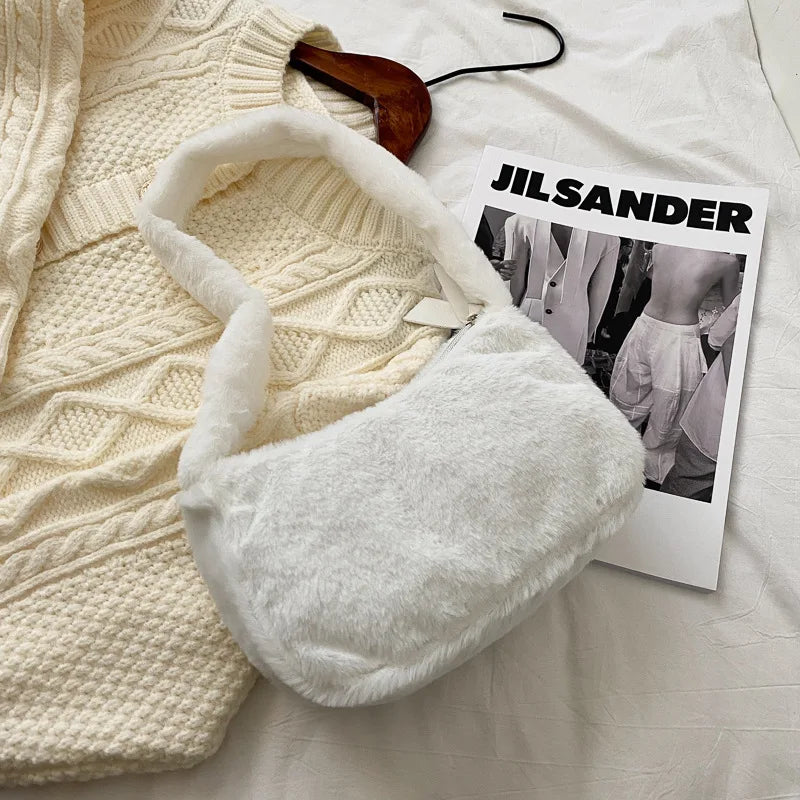 Soft Plush Hobos Shoulder Bag Winter Furry Ladies Clutch Handbag