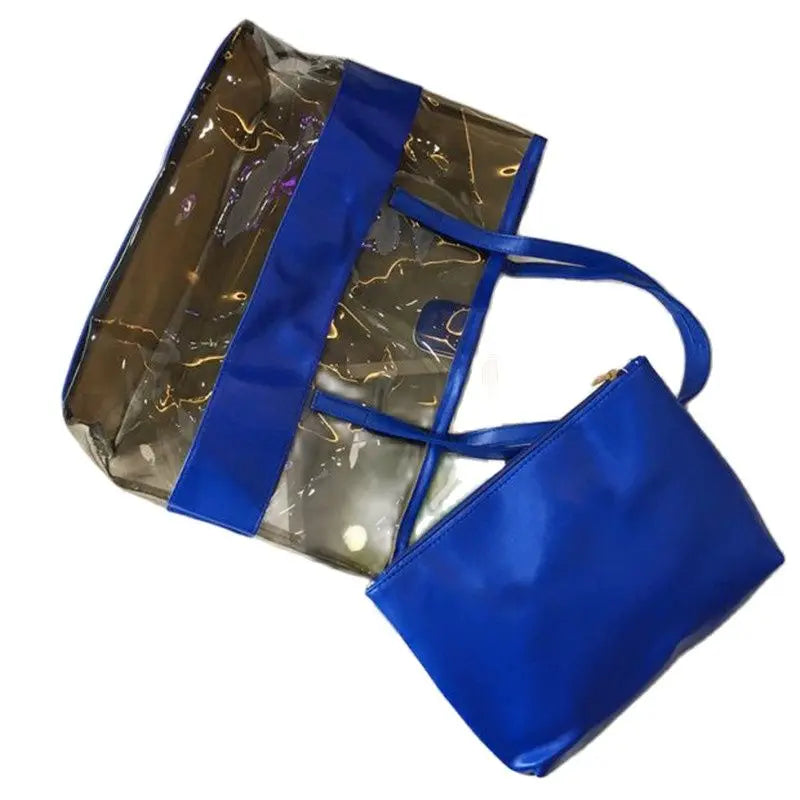 Women's Summer Bag Clear PVC Handbag PU Leather Beach Tote 2 Bags Set
