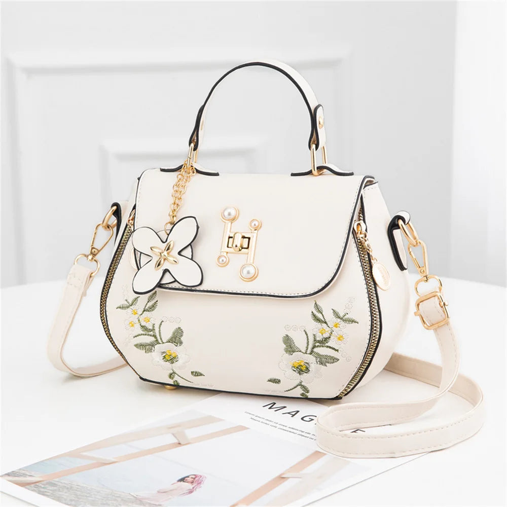 Women's Embroidery Messenger Bag Leather Crossbody Handbag